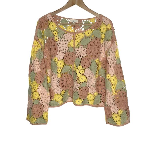 Entro Long Sleeve Crochet Sweater Womens Large Pink Floral Lace Boho Cottage - Picture 3 of 11